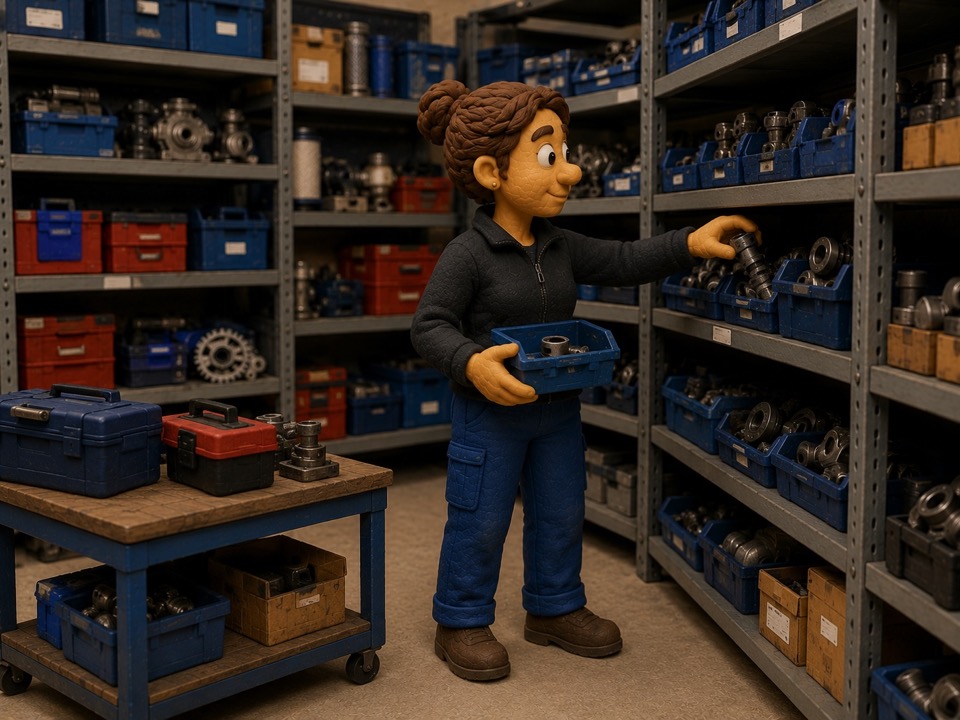 Spare parts in labeled storage bins