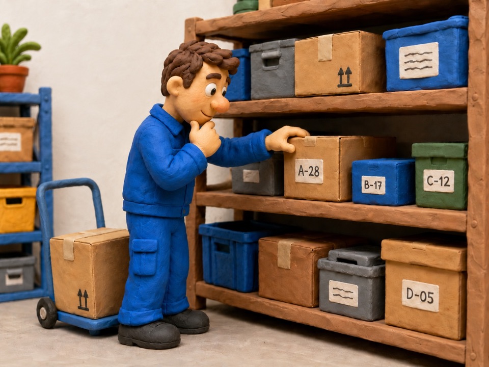 Reduced clay scene with shelves, boxes and labels