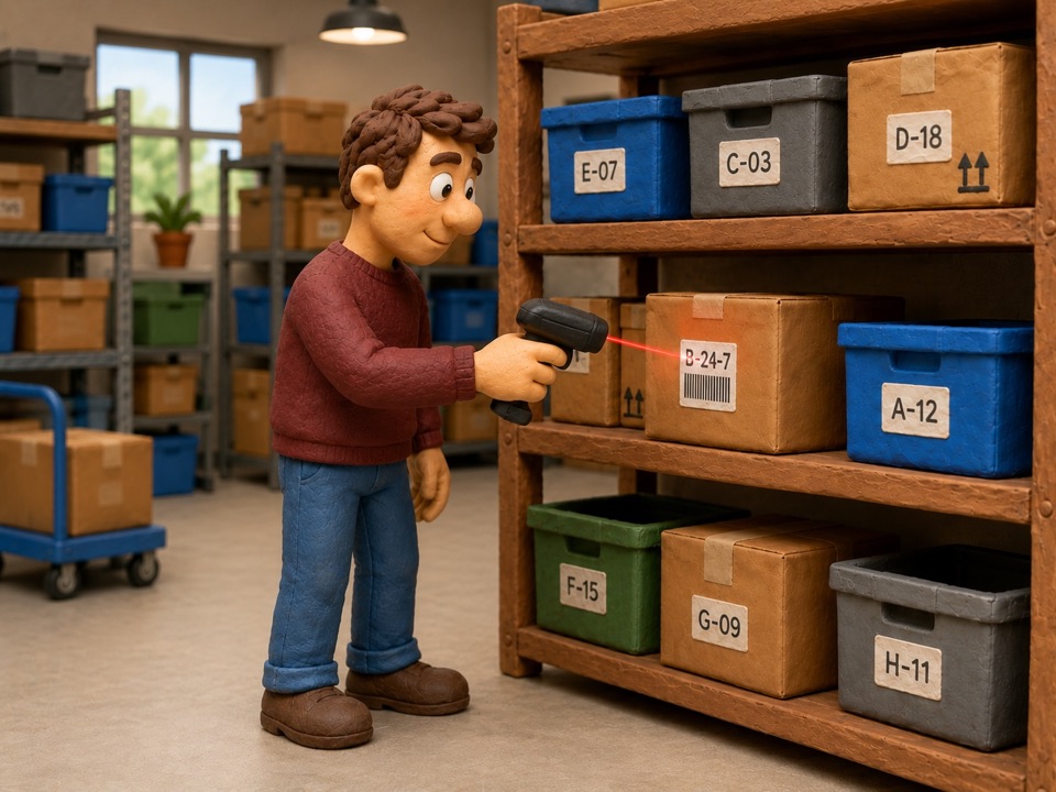 Small warehouse management with shelf, boxes and scanner